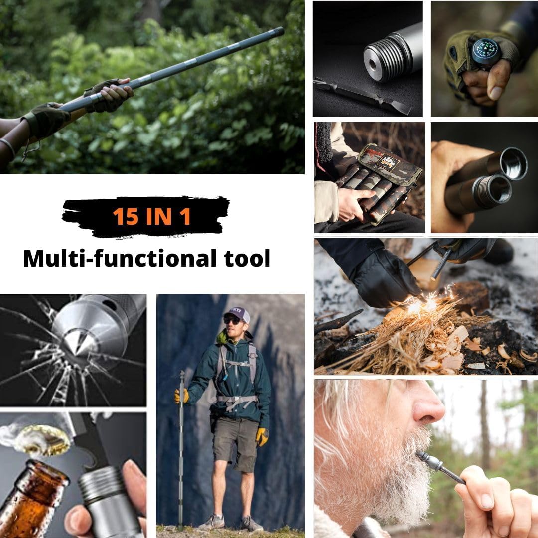 Hiking Tactical Stick Walking Staff - Outdoor Multitool Gear Trekking Pole Collapsible Retractable Premium 15 in 1 | 8 Tubes