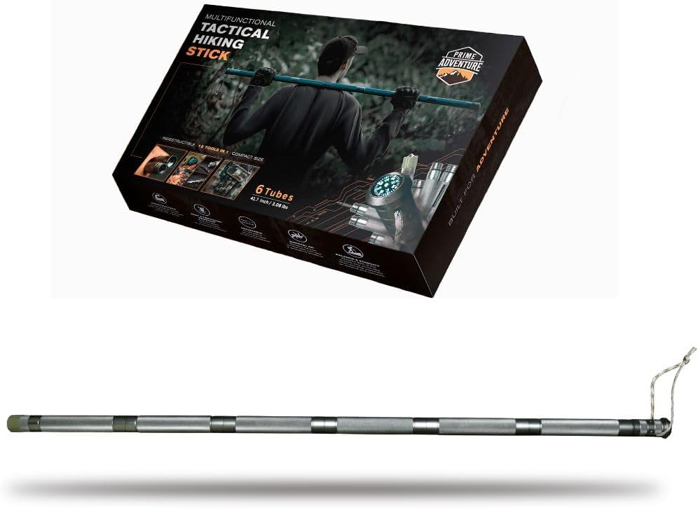 Hiking Tactical Stick Walking Staff - Outdoor Multitool Gear Trekking Pole Collapsible Retractable Premium 15 in 1 | 8 Tubes